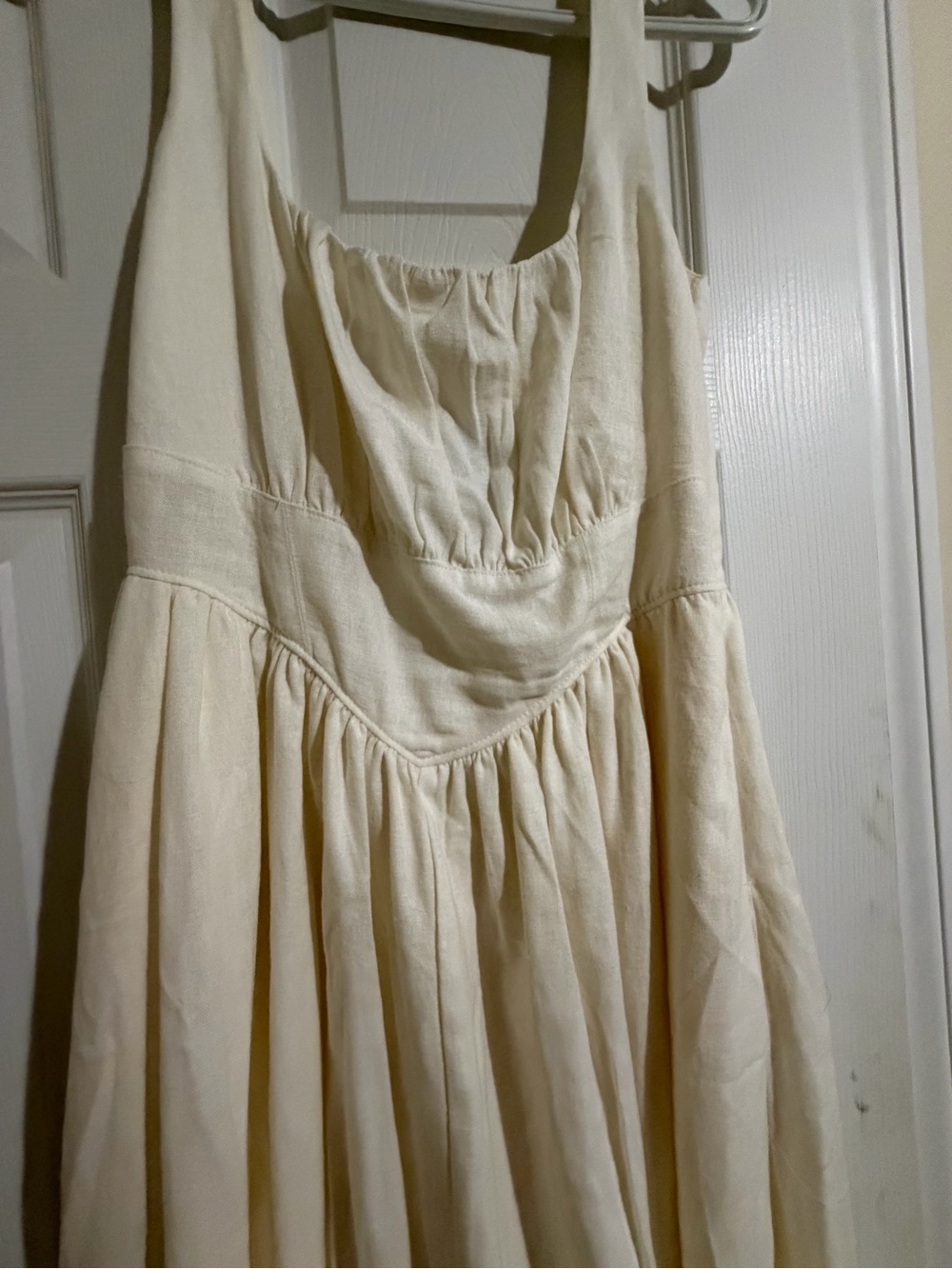 Express Cream Sleeveless Midi Dress with Gathered Bodice